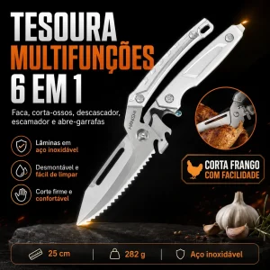 ⚡Tesoura Multifunções 6 em 1 – Faca Desmontável, Corta Ossos, Descascador, Escamador e Abre-Garrafas