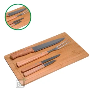 Kit Churrasco com Tábua de Bambu + Conjunto de Facas e Garfo com Cabo de Madeira