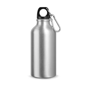 Garrafa esportiva em alumínio escoteiro acabamento metálico com mosquetão – 400 mL